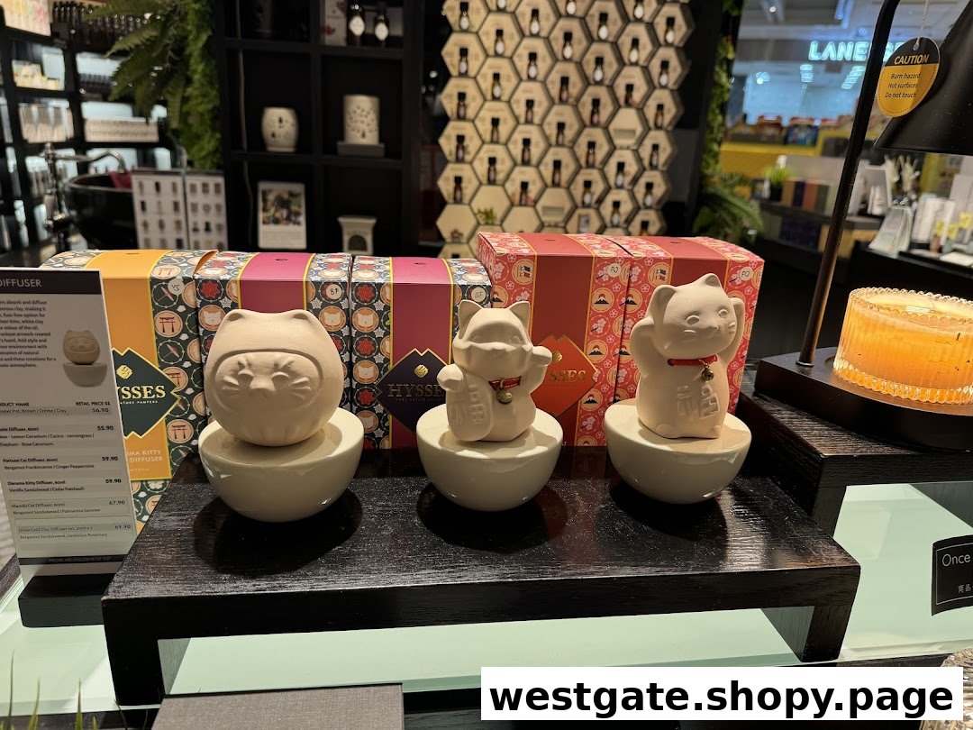 Display of charming cat-themed diffusers and home scent products at HYSSES.