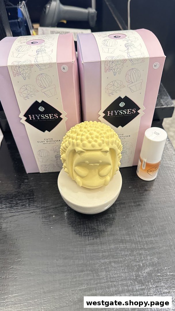 Close-up of HYSSES home scent products, including a 'Cutie Clay Diffuser' and essential oil.