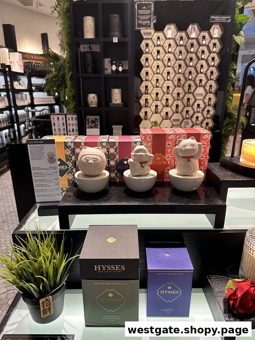 An interior shot of HYSSES - Home Scents, showcasing diffusers, essential oils, and candles.