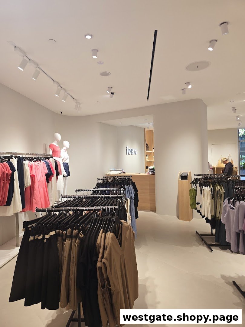 An interior view of the iORA clothing store, featuring racks of apparel and mannequins.