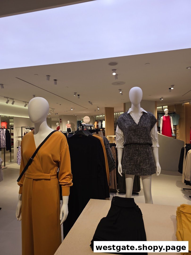 Mannequins display stylish women's fashion, including a mustard jumpsuit and a tweed set, inside iORA Westgate.