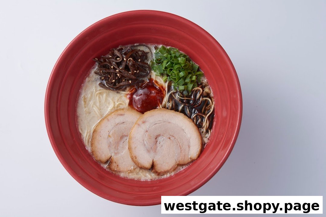 An overhead shot of a vibrant red bowl filled with delicious ramen, topped with chashu, scallions, and mushrooms.