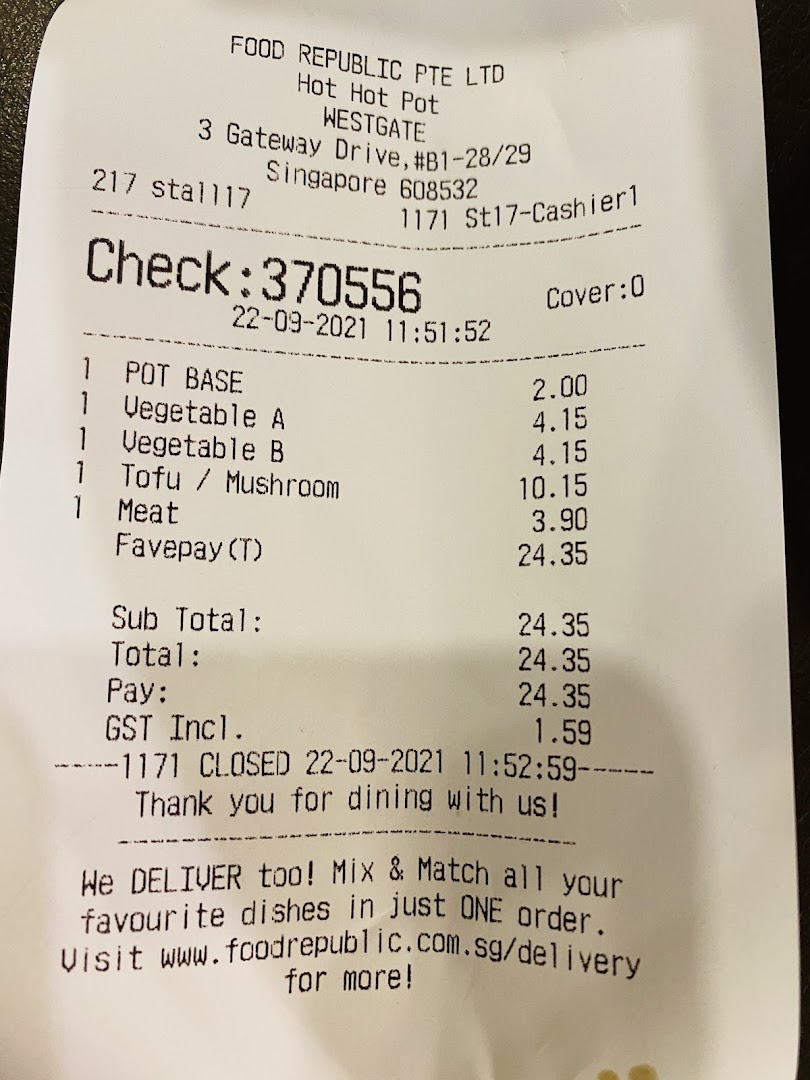A detailed receipt from Hot Hot Pot at Food Republic, listing various hot pot ingredients and their prices.