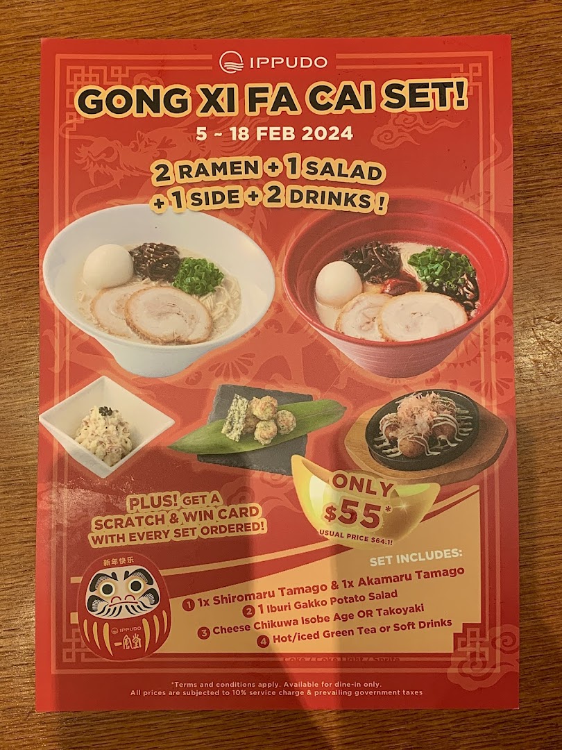 A promotional poster for Ippudo's 'Gong Xi Fa Cai Set' featuring ramen, sides, and drinks.
