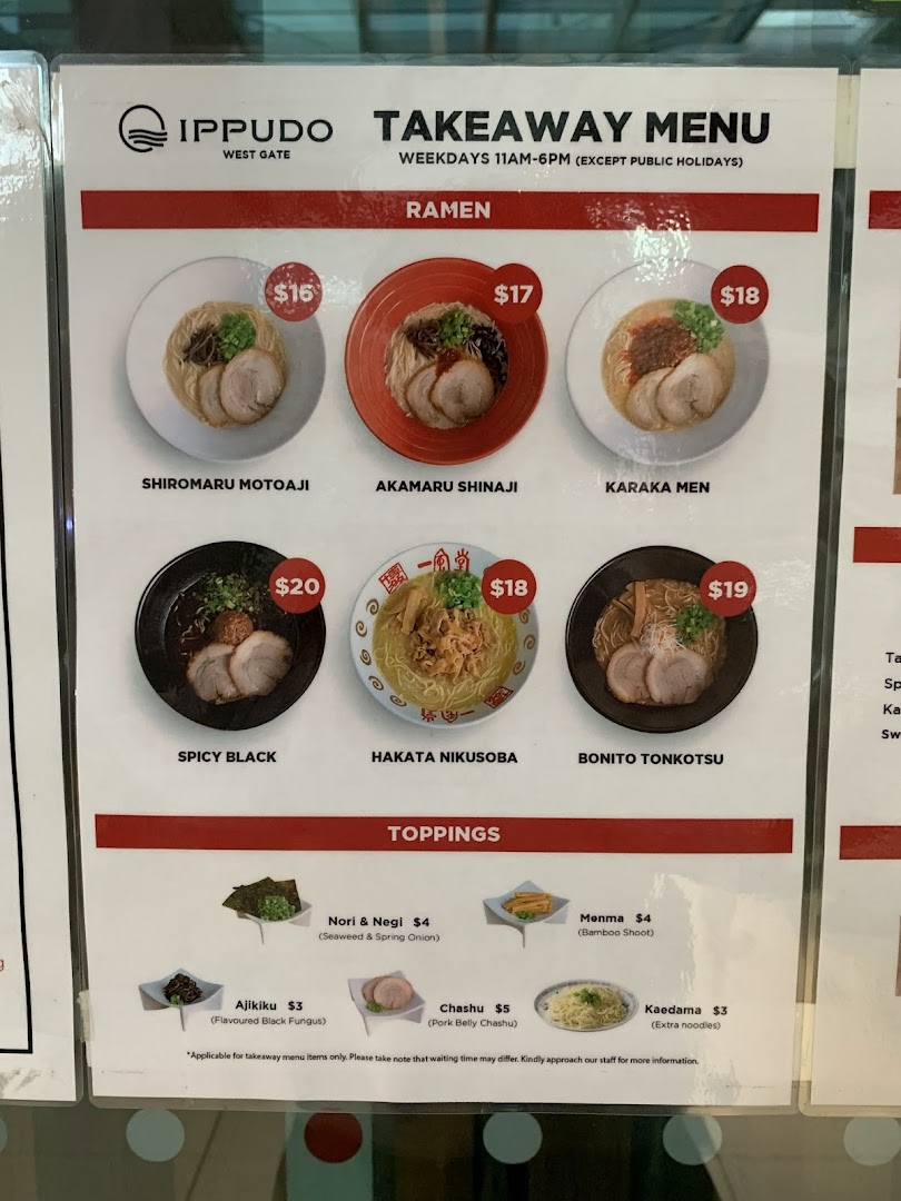 A detailed takeaway menu from Ippudo Westgate featuring various ramen dishes and toppings with prices.