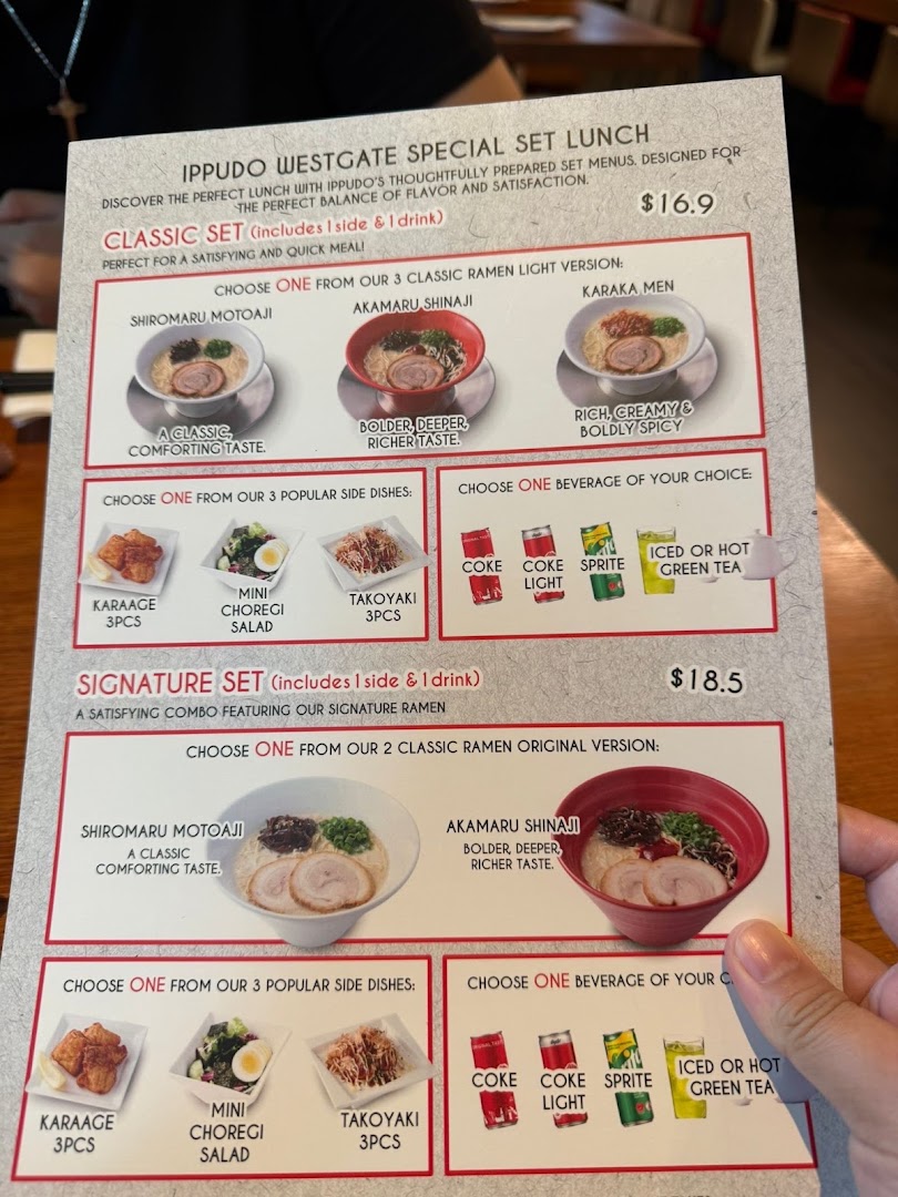 A detailed menu from Ippudo Westgate showcasing special set lunch options with ramen, sides, and drinks.