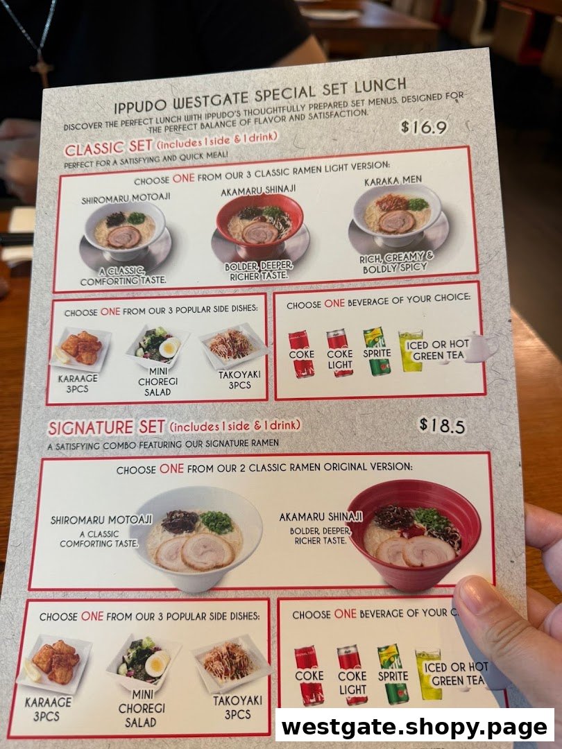 A detailed menu from Ippudo Westgate showcasing special set lunch options with ramen, sides, and drinks.