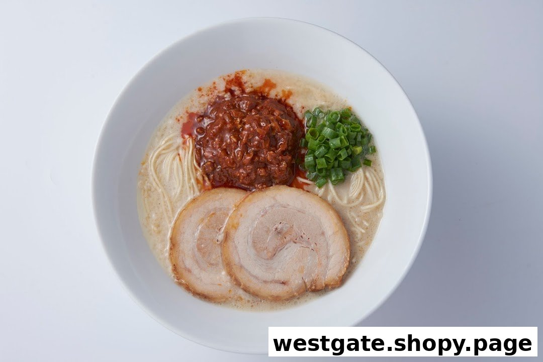 A close-up overhead shot of a delicious bowl of ramen with pork, spicy ground meat, and green onions.