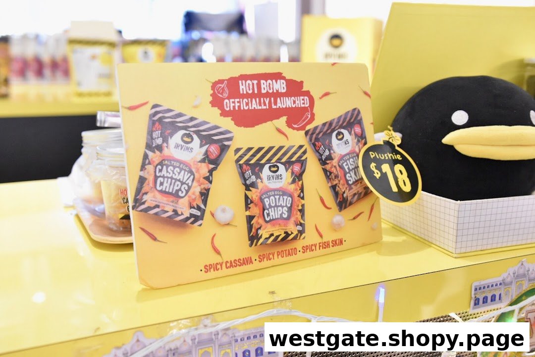 A vibrant display showcasing Irvins' new 'Hot Bomb' spicy salted egg snacks and a cute plushie.