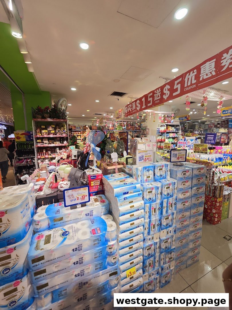 An interior view of Japan Home, showcasing large displays of household essentials like tissue paper and other goods.