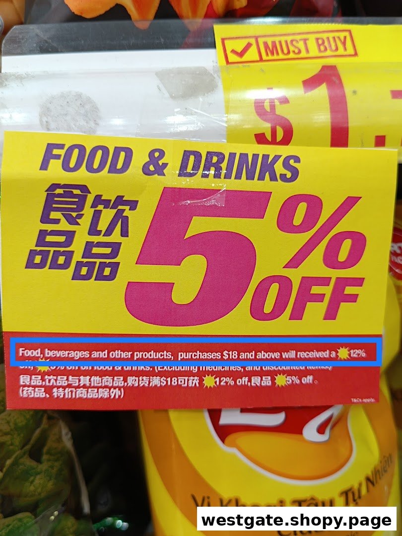 A close-up of a yellow promotional sign in Japan Home, advertising discounts on food and drinks.