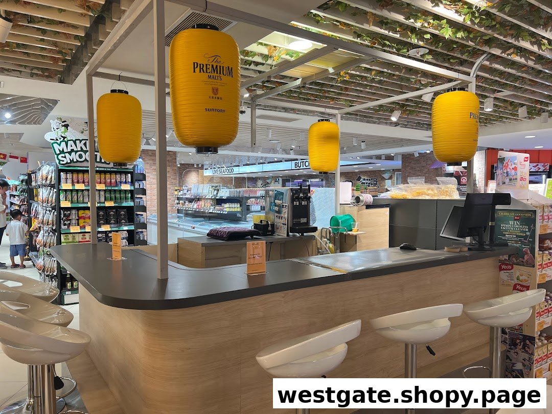 An inviting bar counter with stools and large yellow lanterns, featuring 'The Premium Malts' branding, within a retail space.