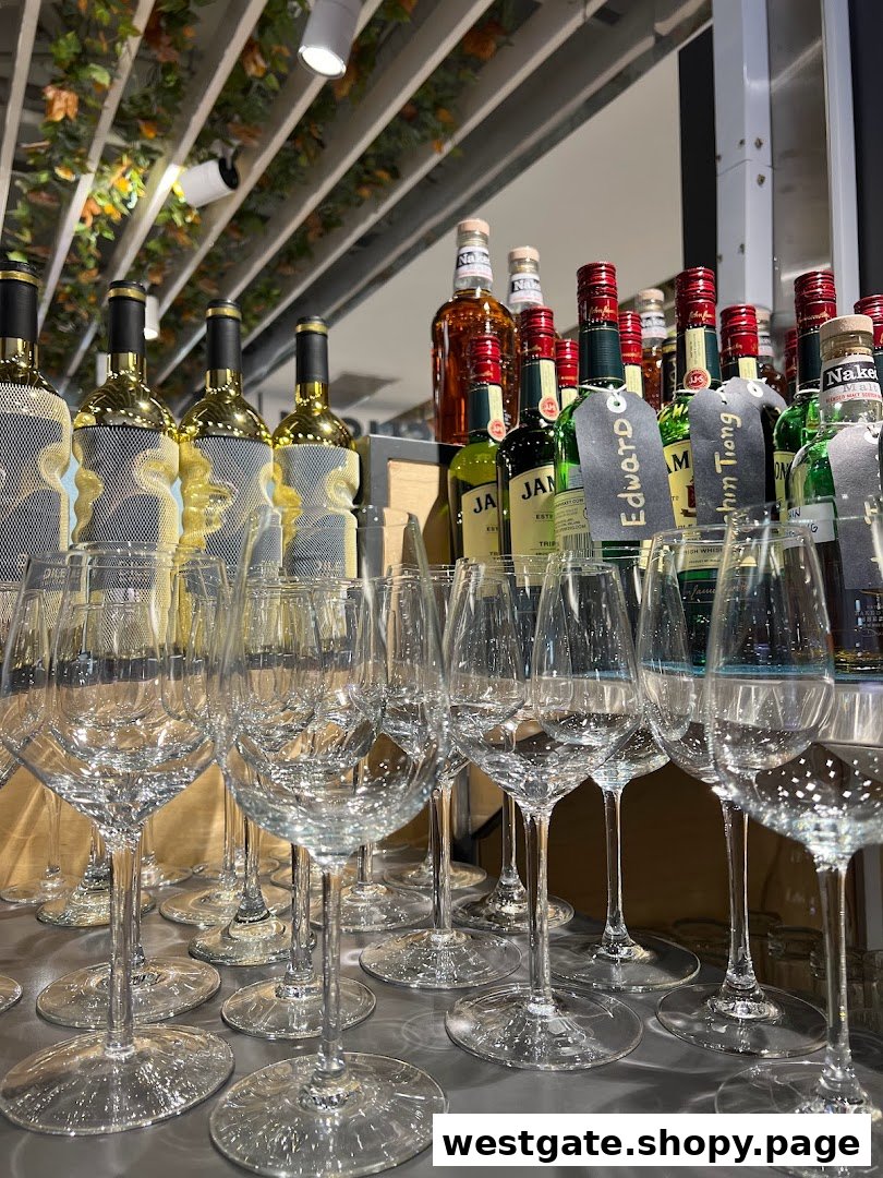 A sophisticated display of wine and liquor bottles with numerous sparkling wine glasses, ready for service.