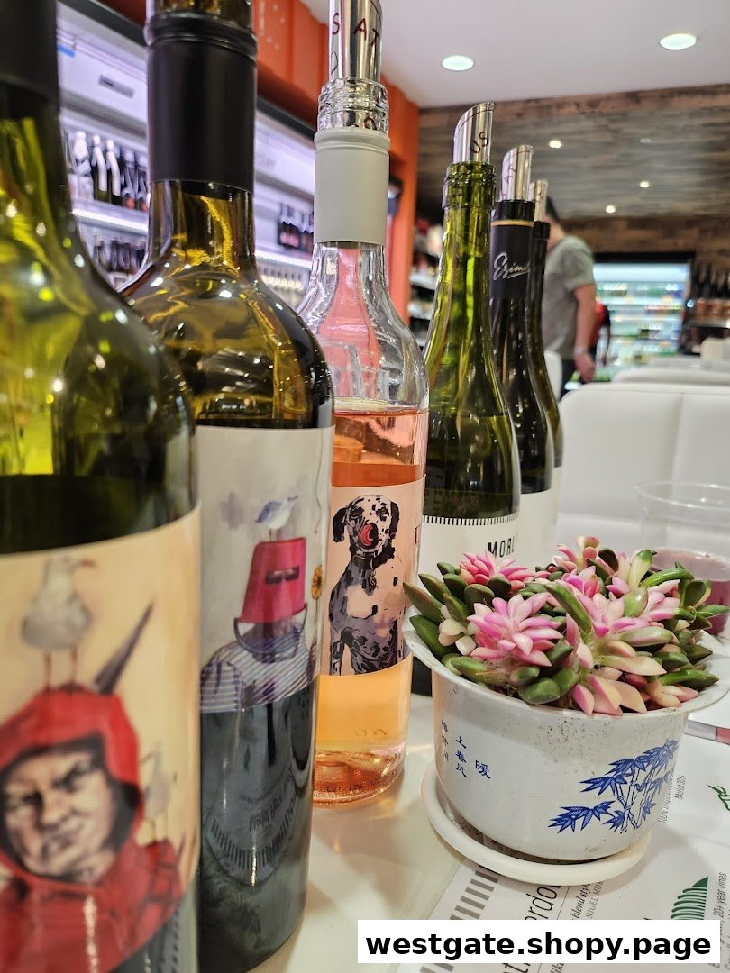 A close-up of various wine bottles with unique labels and a potted plant on a table inside Jays Bar.