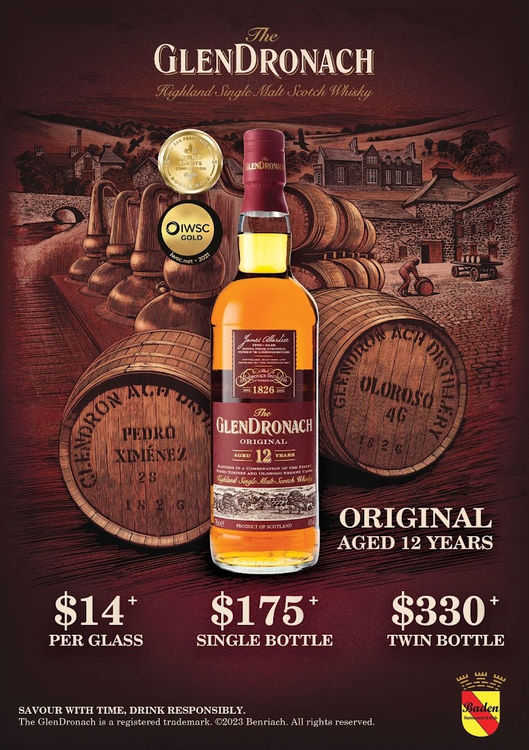 An advertisement for The Glendronach Original Aged 12 Years whisky with pricing options.