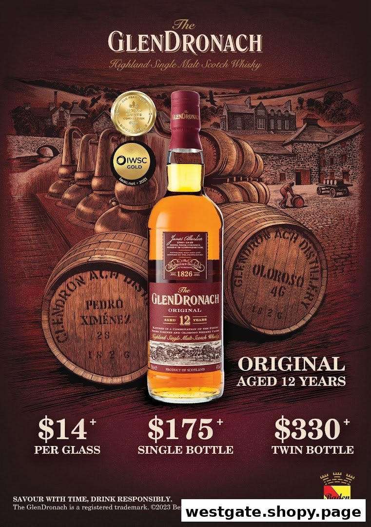 An advertisement for The Glendronach Original Aged 12 Years whisky with pricing options.