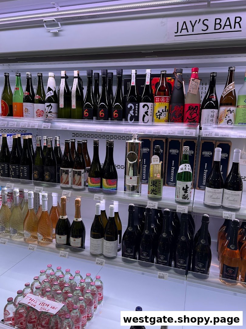 Shelves stocked with a wide variety of sake, wine, and other beverages at Jay's Bar.