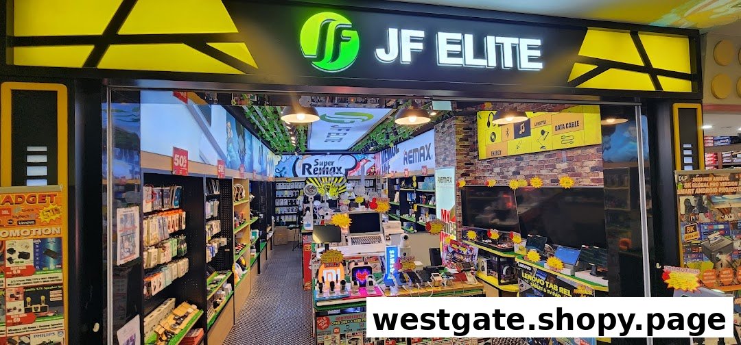 The storefront of JF Elite, an electronics and gadget retail shop, showcasing various tech products.