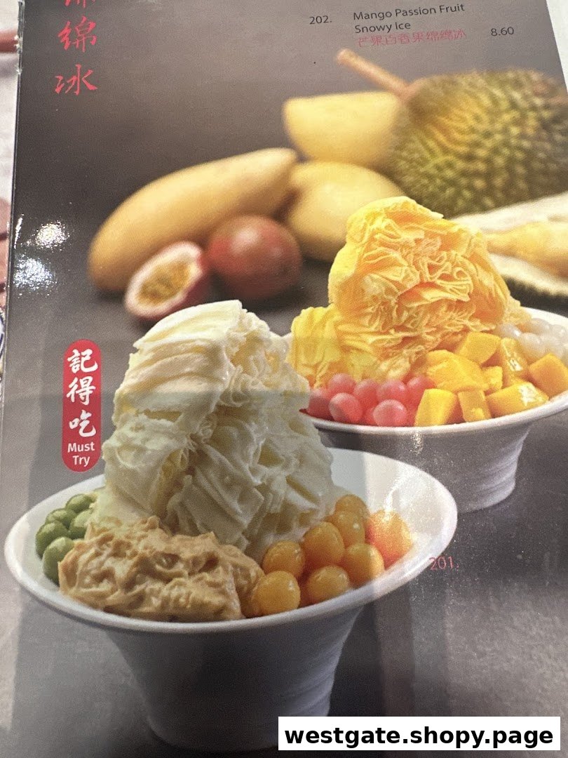 A menu page showcasing two bowls of refreshing snowy ice desserts with various fruit toppings.