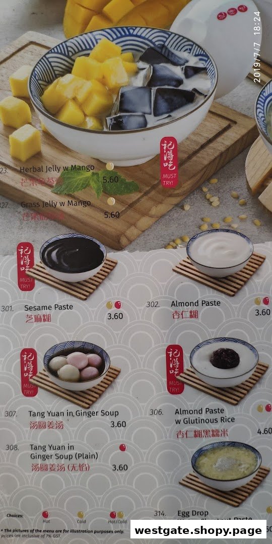 A vibrant menu displaying various traditional Chinese desserts with prices and images.