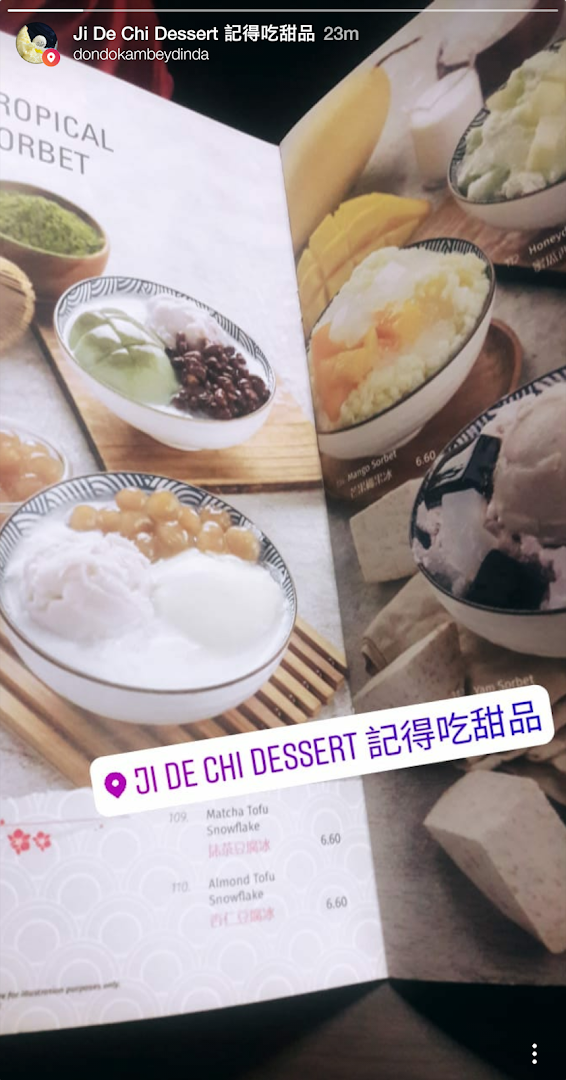 A vibrant menu displaying various refreshing desserts and their prices from Ji De Chi Dessert.