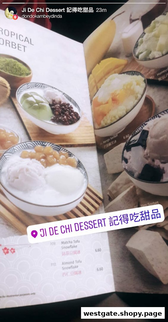 A vibrant menu displaying various refreshing desserts and their prices from Ji De Chi Dessert.