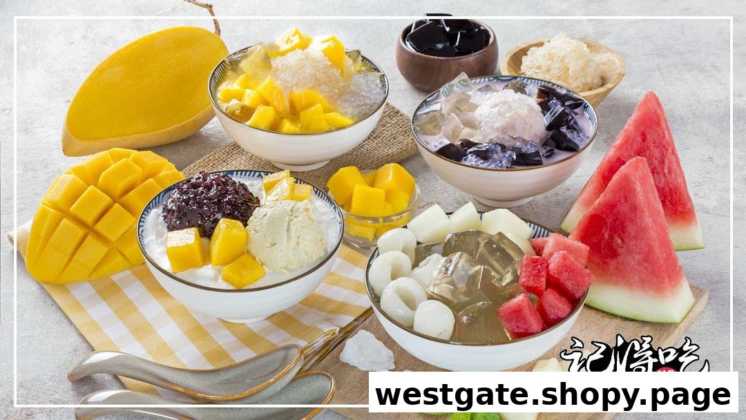A vibrant display of various Asian fruit and jelly desserts, including mango, watermelon, and black glutinous rice.