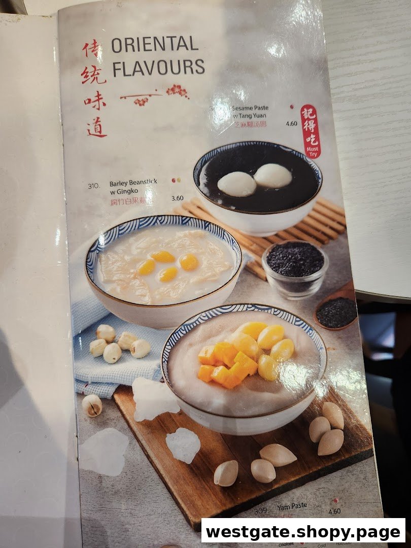 A menu page displaying traditional Oriental dessert options with images and prices.
