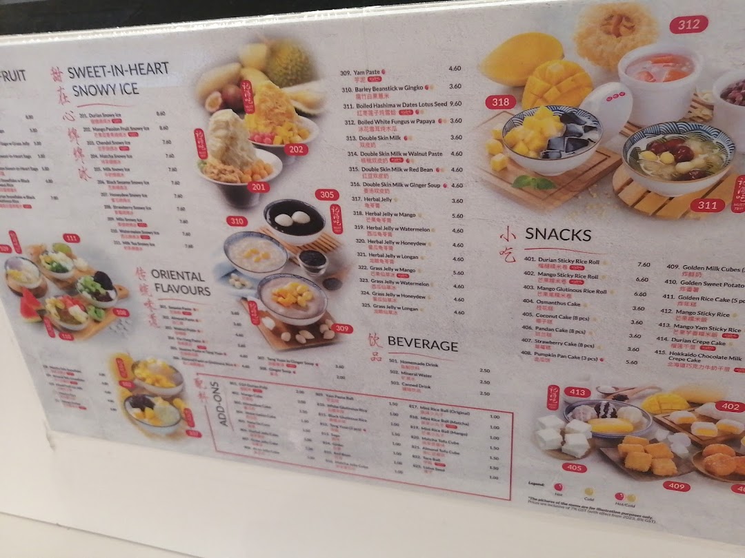 A vibrant menu board showcasing a variety of Asian desserts, snacks, and beverages with prices.