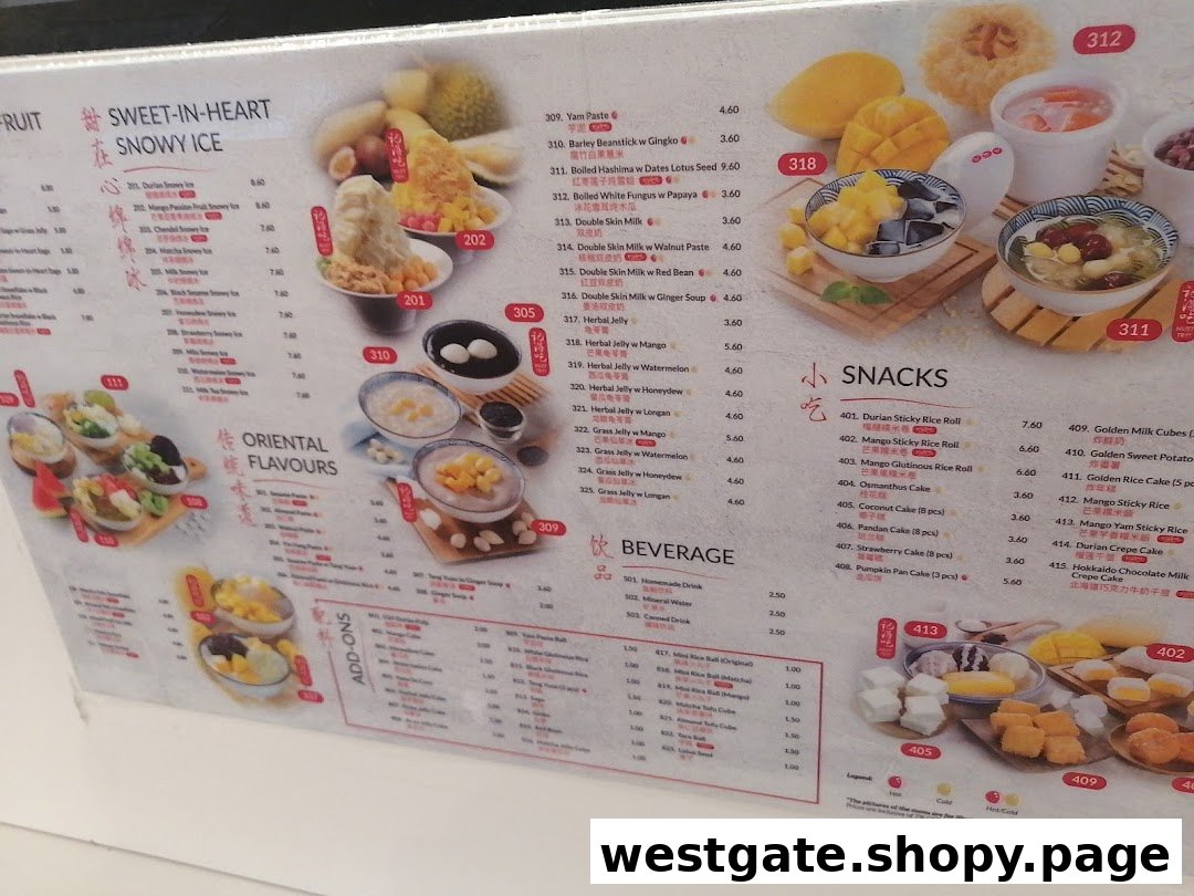A vibrant menu board showcasing a variety of Asian desserts, snacks, and beverages with prices.