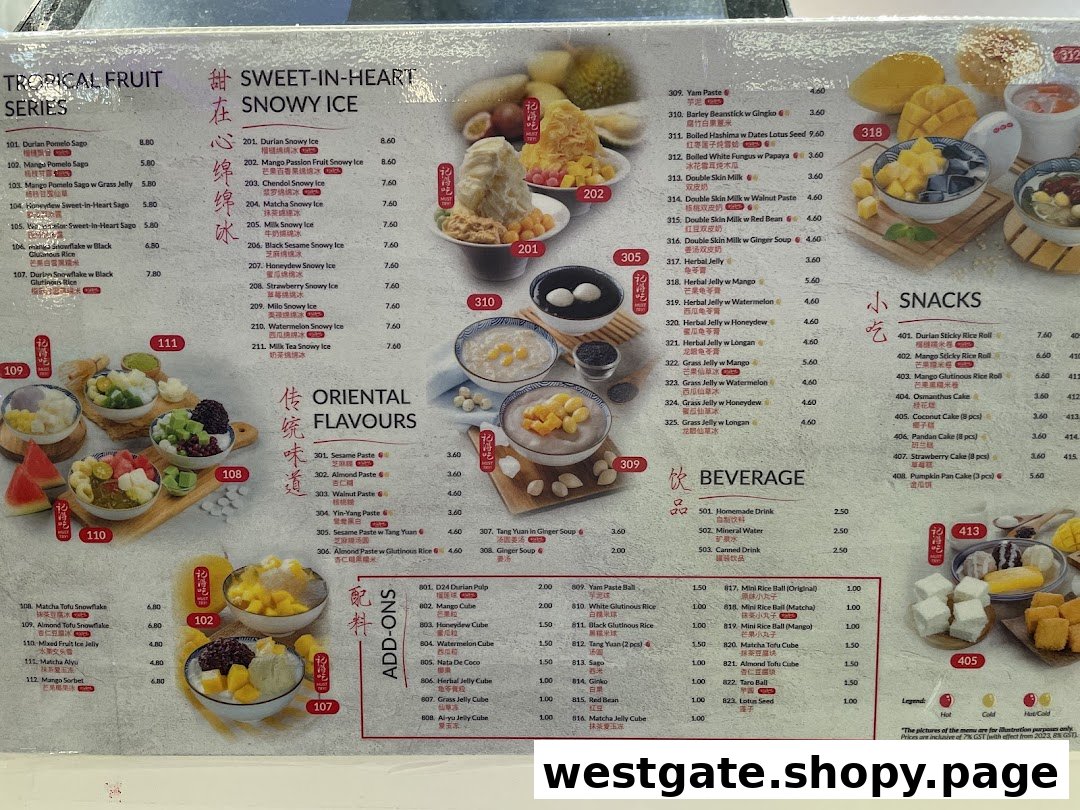 A vibrant menu board displaying a wide array of traditional and modern Asian desserts with images.