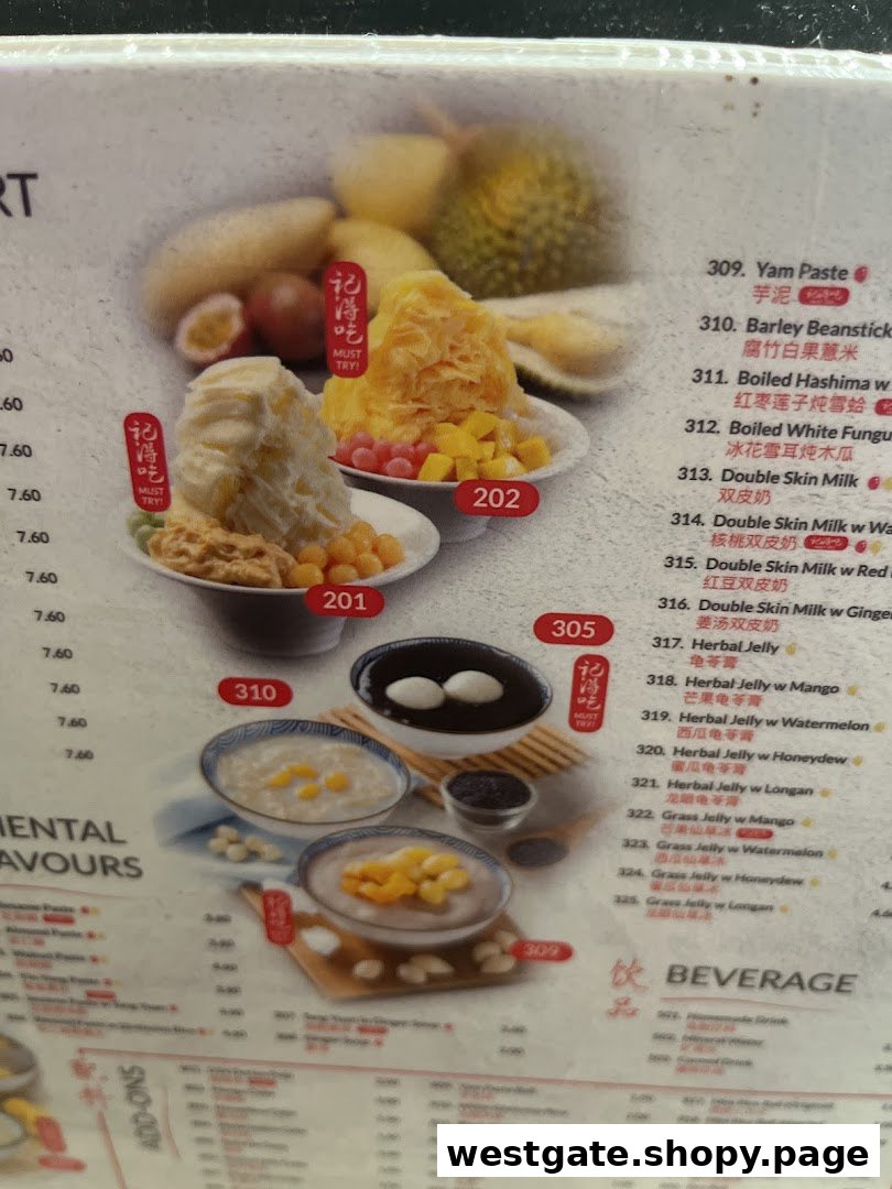 A vibrant menu showcasing various traditional Chinese desserts with images and item details.