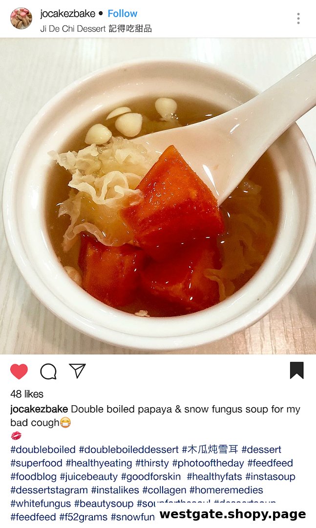 A close-up of a bowl of traditional double-boiled papaya and snow fungus dessert soup.