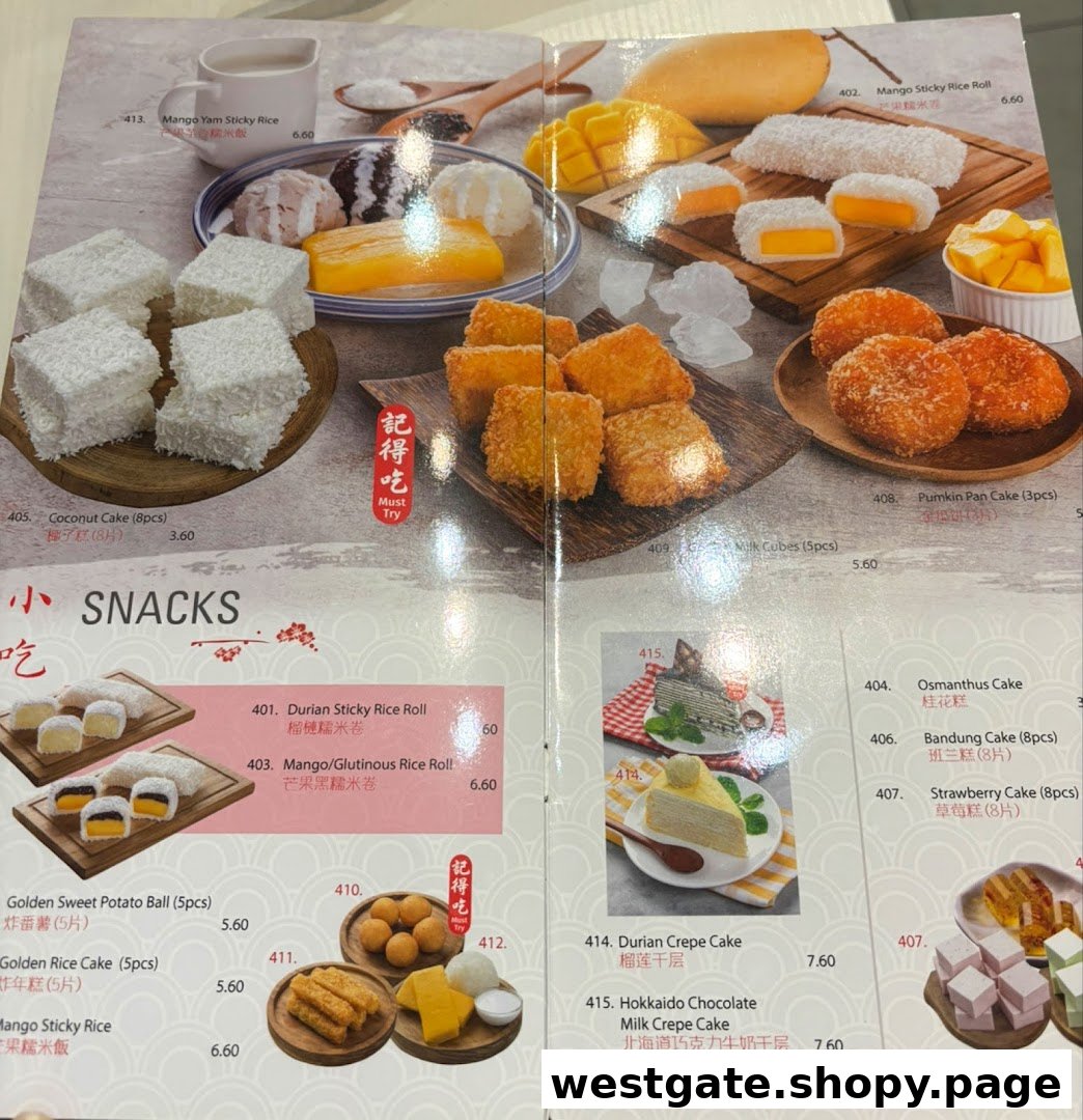 A vibrant menu displaying a variety of delicious Asian desserts and snacks with prices.