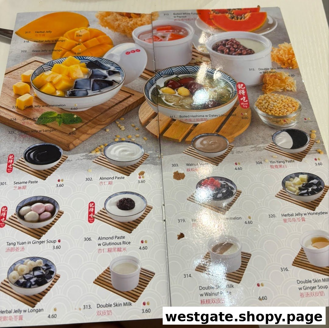 A vibrant menu page showcasing a variety of traditional Chinese desserts with images and prices.