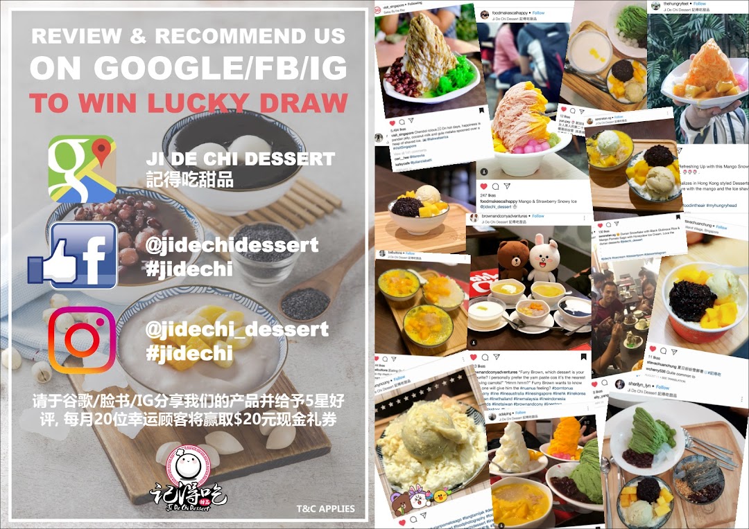 A promotional poster for reviews and a collage of various delicious desserts from Ji De Chi Dessert.