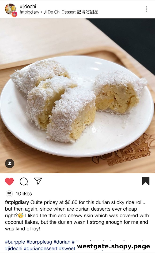 A plate of durian sticky rice rolls covered in coconut flakes from Ji De Chi Dessert.