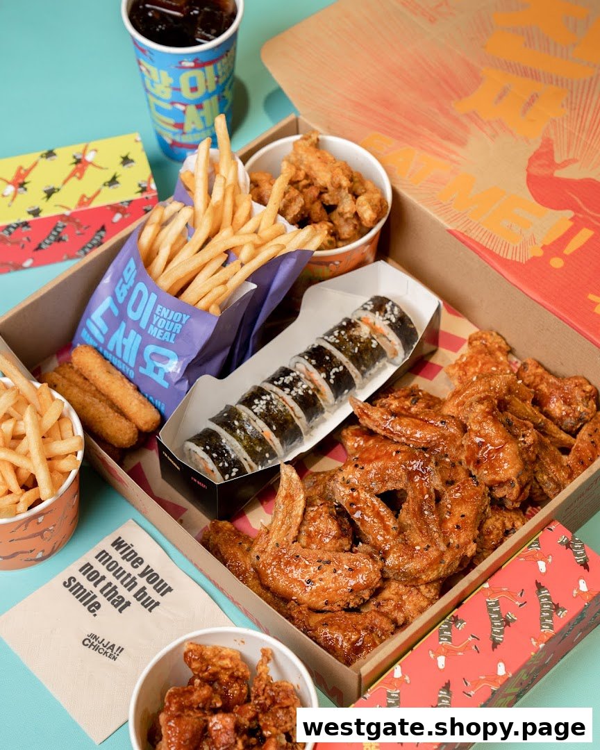 A delicious spread of JINJJA Chicken's Korean fried chicken, fries, kimbap, and sides in a takeout box.
