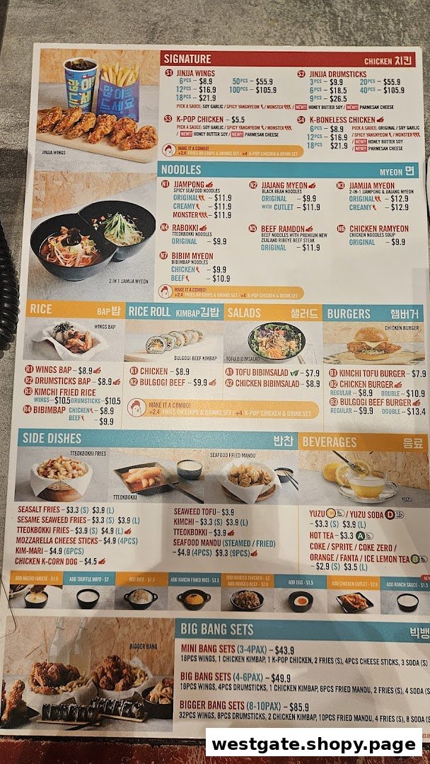A comprehensive menu displaying a variety of Korean fried chicken, noodles, rice dishes, and sets.