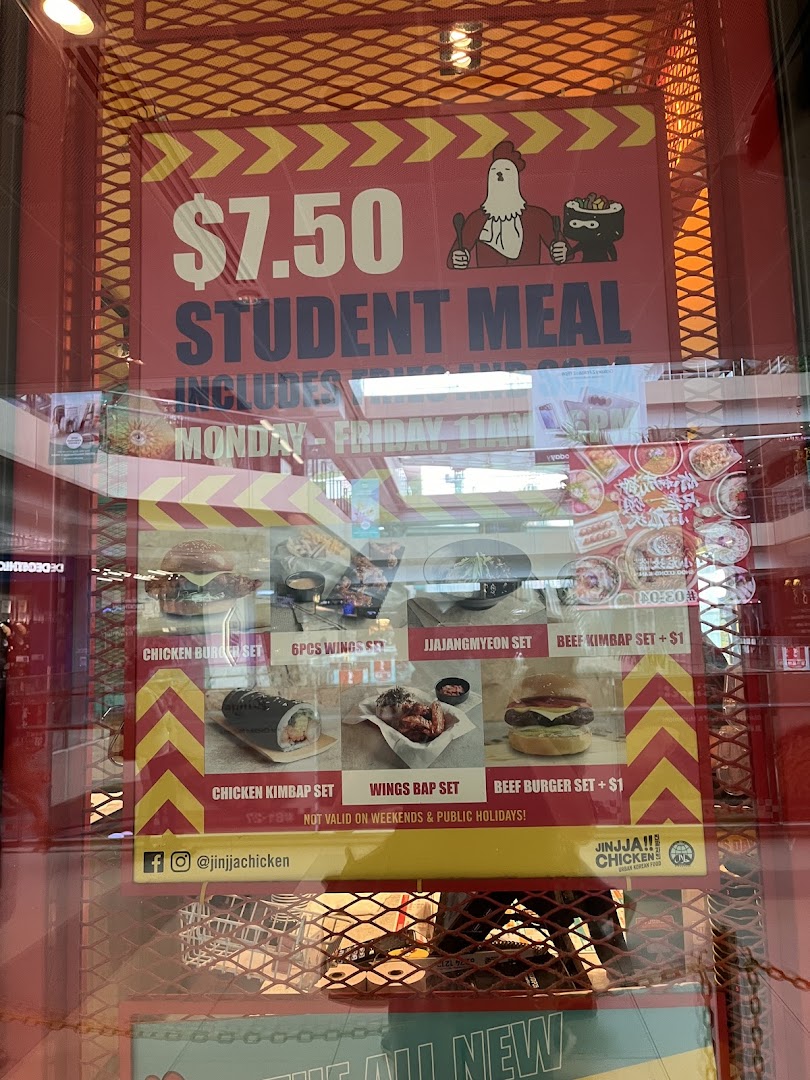 A promotional poster for JINJJA Chicken's $7.50 student meal, featuring various Korean food sets.