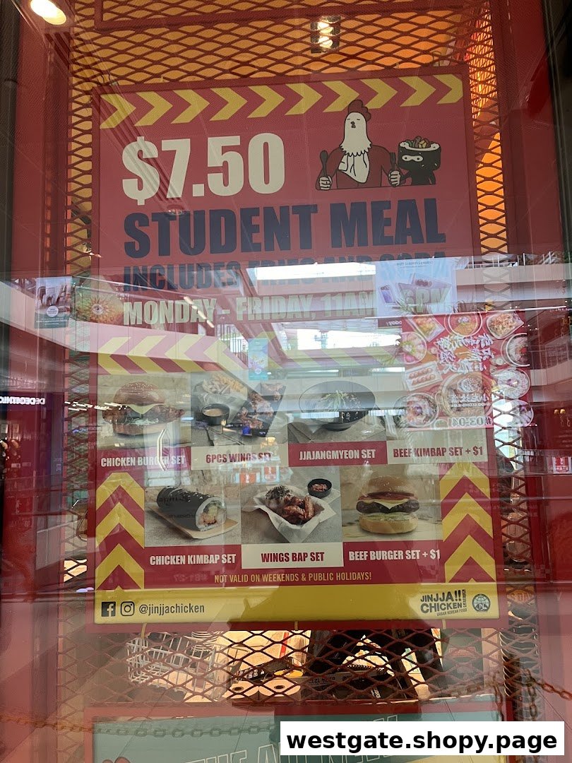 A promotional poster for JINJJA Chicken's $7.50 student meal, featuring various Korean food sets.