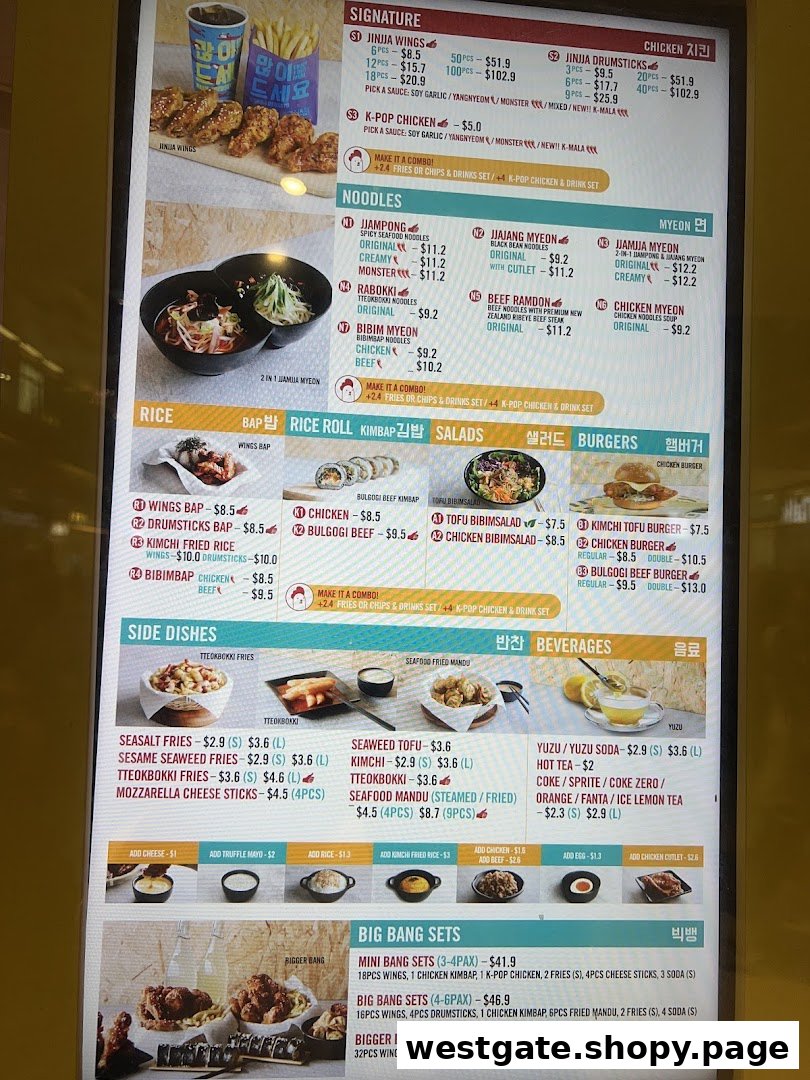 A comprehensive menu board for JINJJA Chicken, showcasing a variety of Korean fried chicken, noodles, rice, and sets.