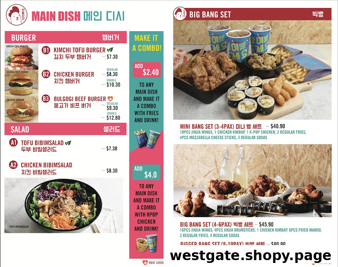 A detailed menu displaying burgers, salads, and large combo sets with prices and descriptions.