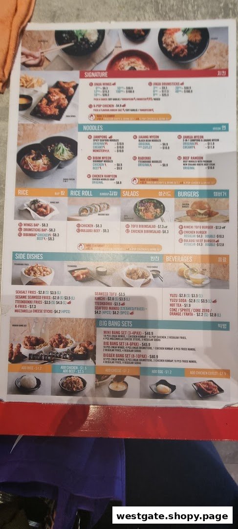 A comprehensive menu displaying various Korean fried chicken, noodles, rice dishes, and sets.
