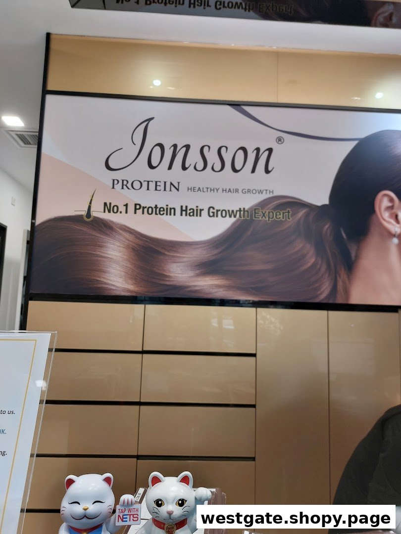 An interior shot featuring a large Jonsson Protein banner promoting healthy hair growth solutions.
