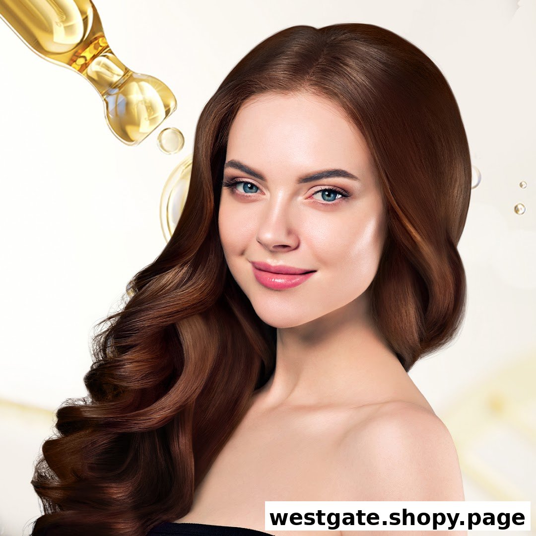 A smiling woman with long, healthy brown hair, with a dropper and oil drops symbolizing hair treatment.