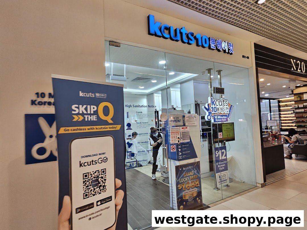 The kcuts Jurong Westgate shopfront features its 10-minute Korean style haircut service and promotional offers.
