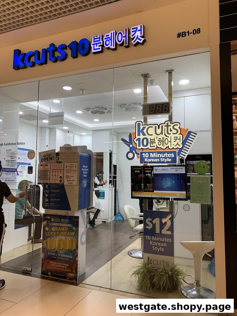 The storefront of kcuts, a hair salon offering 10-minute Korean style haircuts.