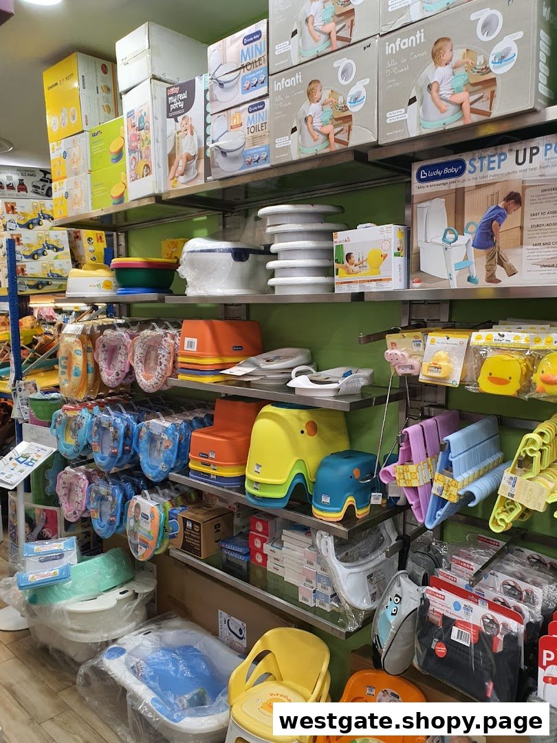 Shelves filled with various baby and toddler essentials, including potties, bath seats, and training aids.