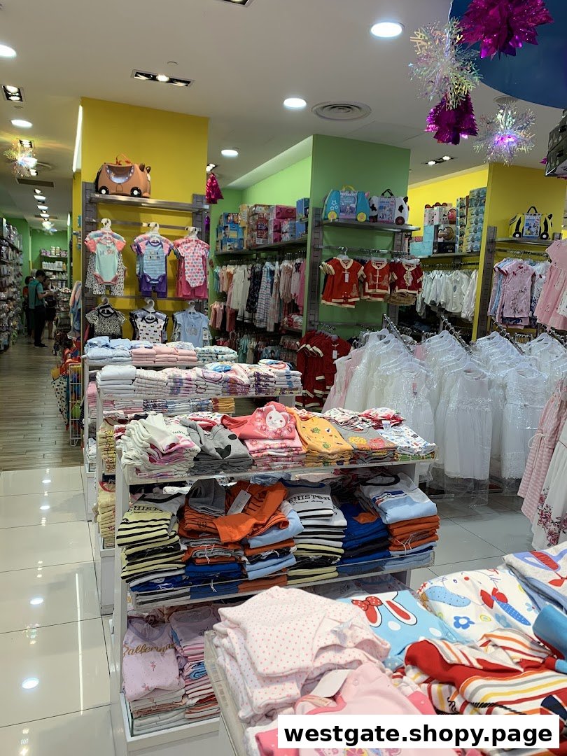 An interior view of Kiddy Palace, showcasing colorful displays of children's clothing and accessories.